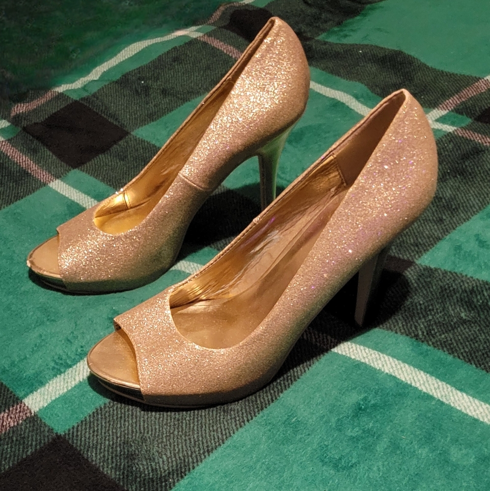 WOMENS LAVA SHOES HEEL PUMPS OPEN TOE GOLD GLITTER SIZE 8.5